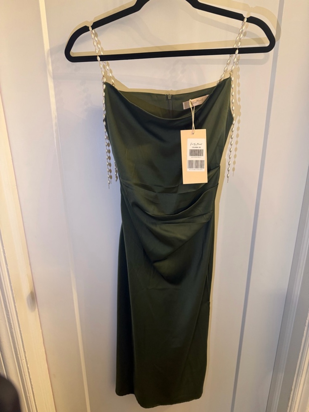 NWT - Olive Green Midi Slip Dress with Pearl-Strap Detail